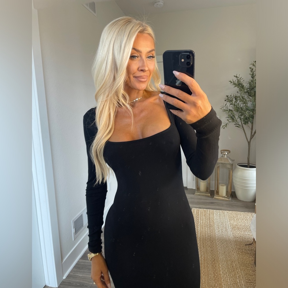 NEW Black Long Sleeve Square Neck Bodycon Maxi Dress - Picture 5 of 5